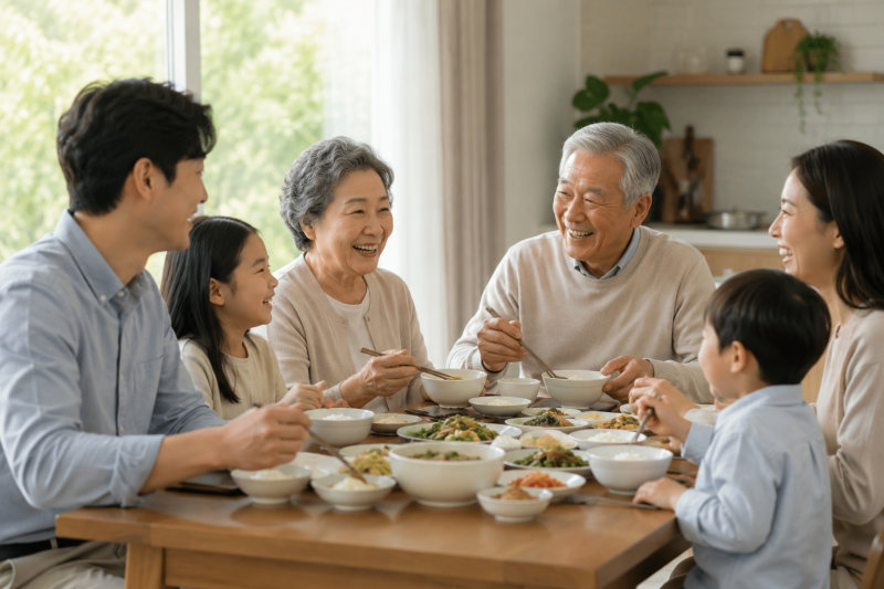 온 가족이 식탁에 둘러앉아 즐겁게 식사하는 모습