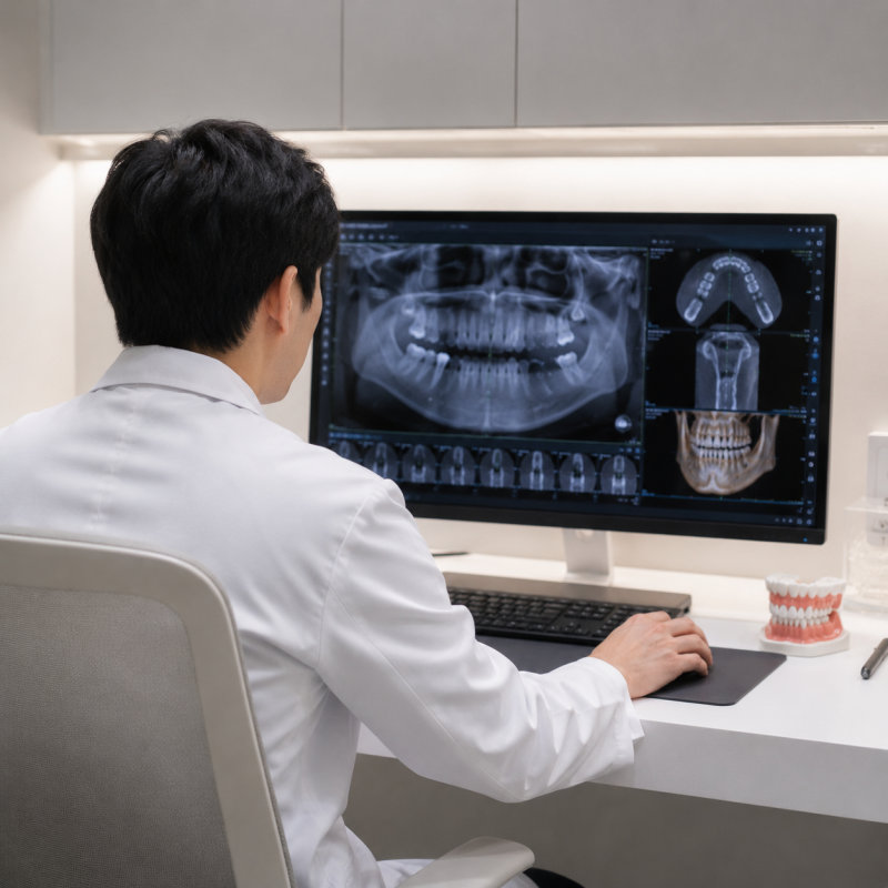 치과의사가 환자의 엑스레이 사진을 검토하는 모습