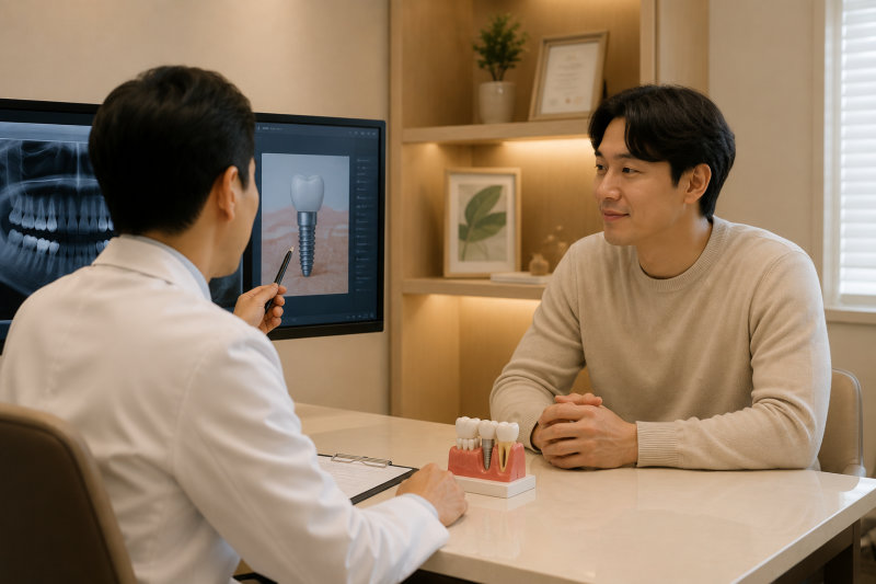 치과의사가 환자에게 임플란트 치료를 설명하는 모습