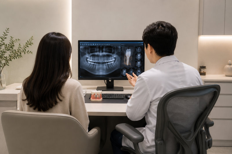 치과의사가 환자에게 엑스레이 사진을 설명하는 모습