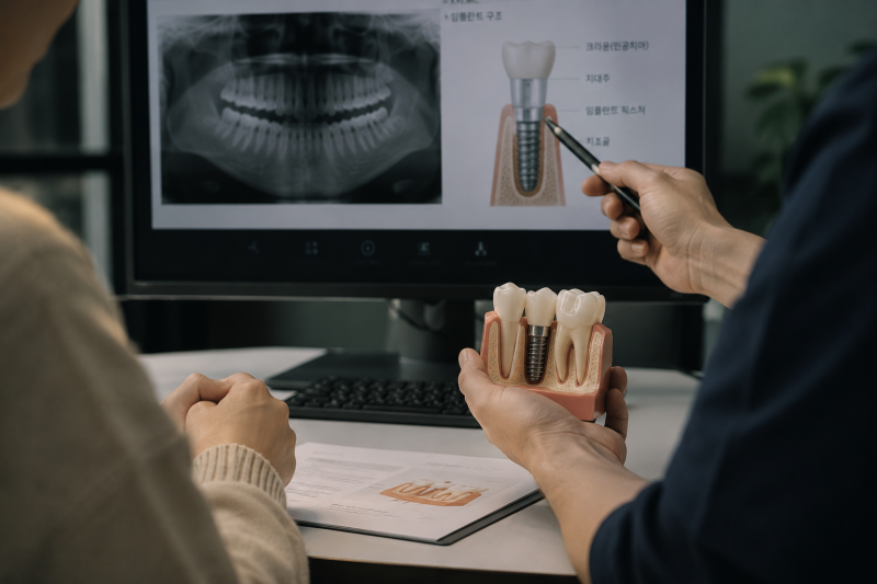 치과의사가 환자에게 임플란트 구조와 X-ray 사진을 보여주며 설명