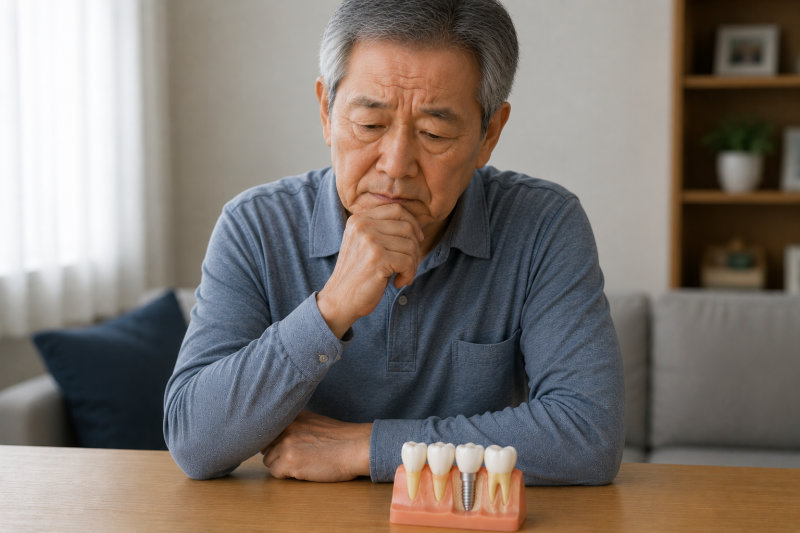 임플란트 모형을 보며 고민하는 노인