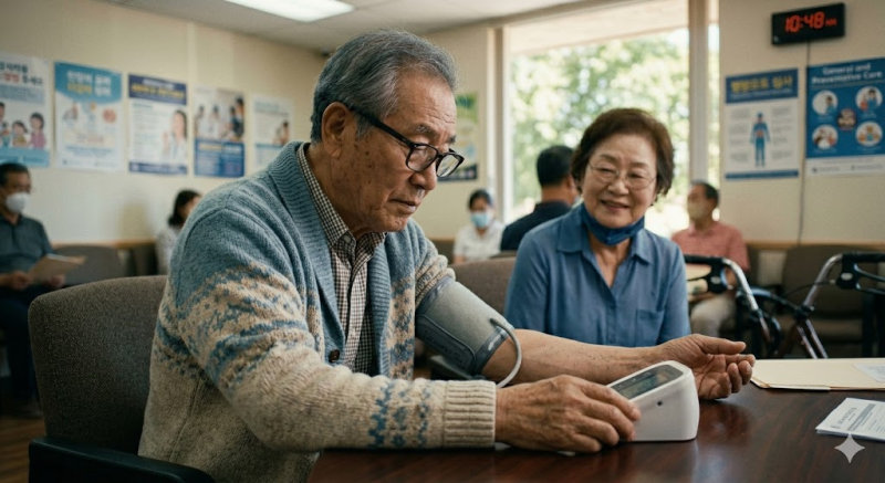 디지털 네비게이션 임플란트, 치과마다 결과가 다른 진짜 이유 9 병원 대기실에서 혈압을 측정하는 노인