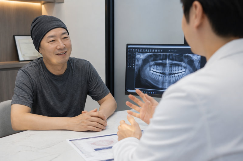 암 환자가 치과 의사와 상담하는 모습