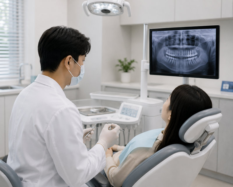 경산치과 임플란트, 치과마다 가격이 다른 3가지 이유 11 치과 의사가 환자에게 엑스레이를 보며 설명