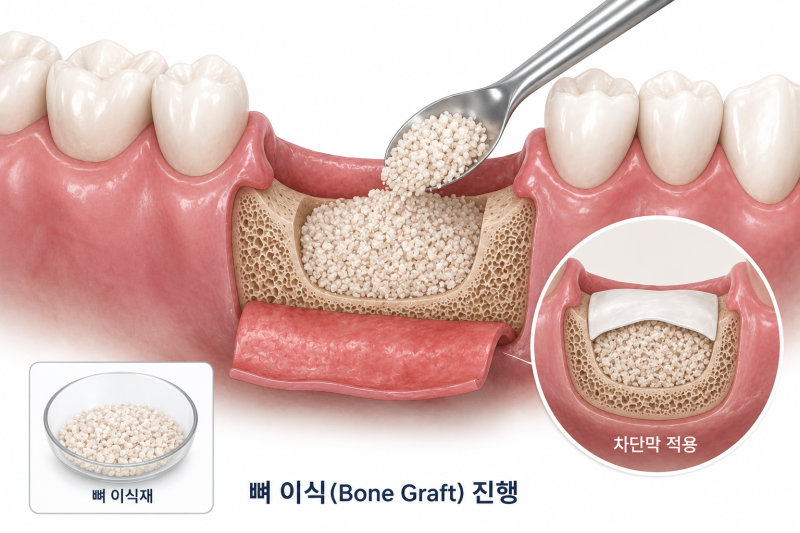 뼈 이식재를 잇몸뼈에 넣고 차단막을 적용하는 모습