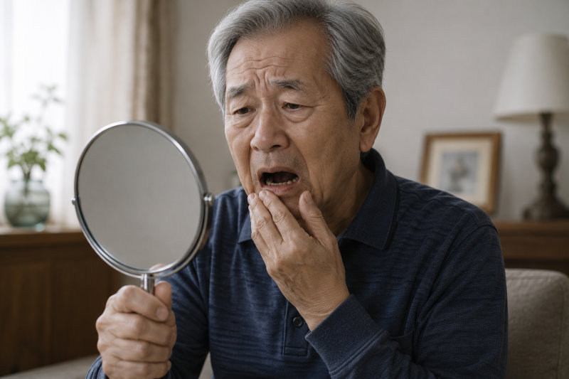 하양치과 전체 임플란트, 모든 치아 발치해야 할까? 7 거울을 들고 자신의 치아를 보며 걱정스러운 표정을 짓는 노인 남성