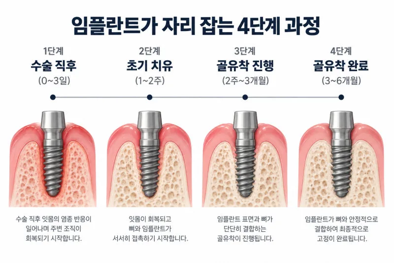 하양치과 원데이 임플란트 가능한 조건 4 임플란트가 잇몸뼈에 자리 잡는 4단계 과정을 보여주는 일러스트