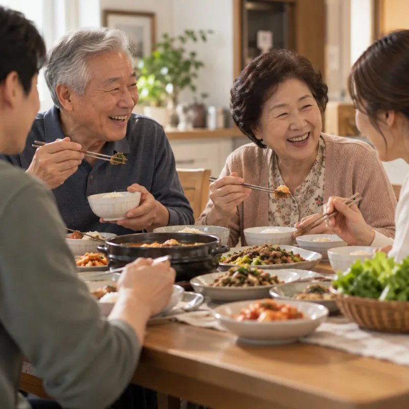 경산치과 임플란트 염증과 교합의 관계 5 온 가족이 식탁에 둘러앉아 함께 식사하며 즐겁게 대화하는 모습